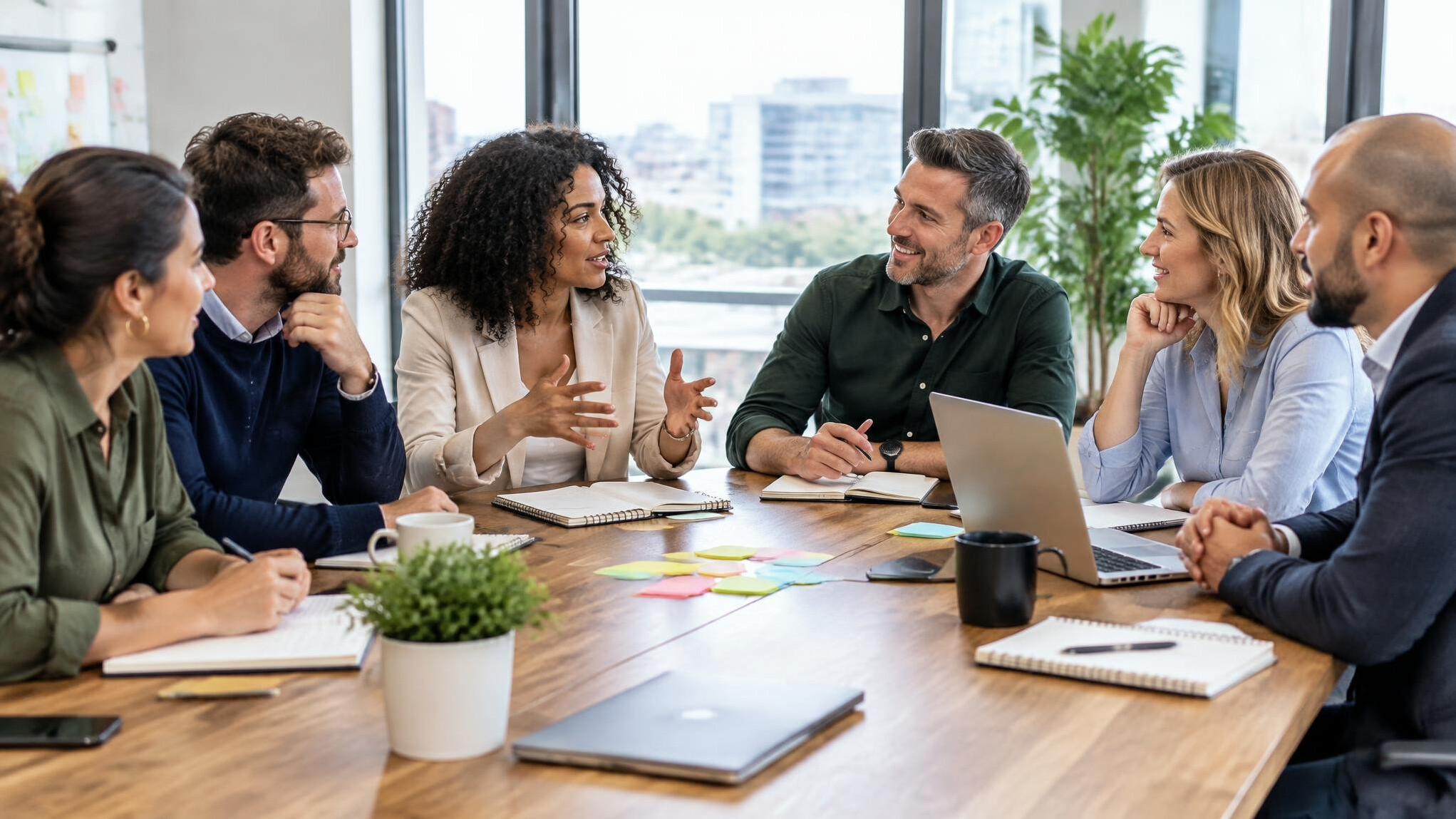 Diverse team of professionals discussing around a table with notes in a bright meeting room